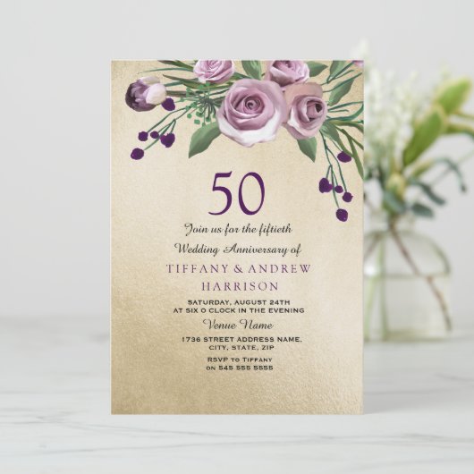 パープルローズゴールド 50周年結婚記念日招待状 招待状 (スタンド正面)
