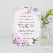 パープルローズバード花フレーム水彩ウェディング 招待状 (スタンド正面)