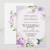 パープルローズバード花フレーム水彩ウェディング 招待状 (正面/裏面)