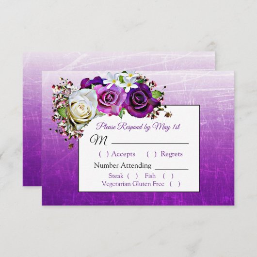 パープルローズブーケエレガントウェディングRSVPカード 出欠カード (正面/裏面)