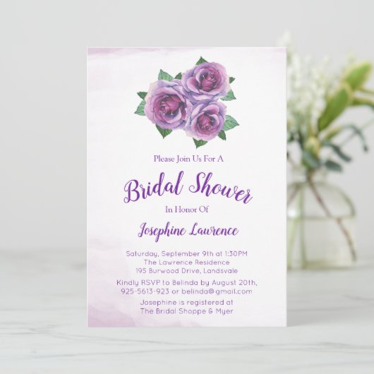 パープルローズブーケブライダルシャワー招待状 招待状 (スタンド正面)