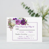 パープルローズブーケ《写真》ぼけ味ウェディングRSVPカード 出欠カード (スタンド正面)