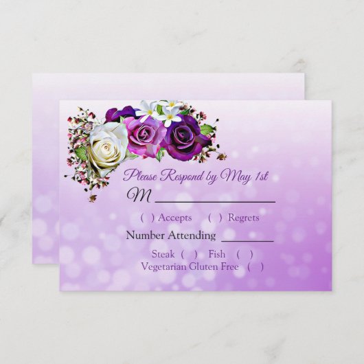 パープルローズブーケ《写真》ぼけ味ウェディングRSVPカード 出欠カード (正面/裏面)