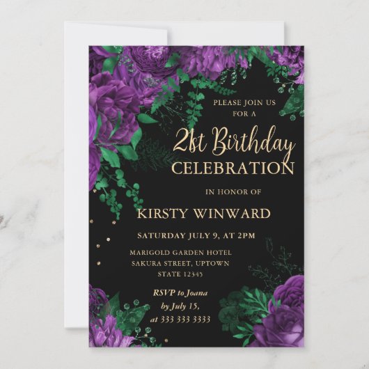 パープルローズボーダー フラワーデザイン 21歳の誕生日 招待状 (正面)