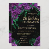 パープルローズボーダー フラワーデザイン 21歳の誕生日 招待状 (正面/裏面)