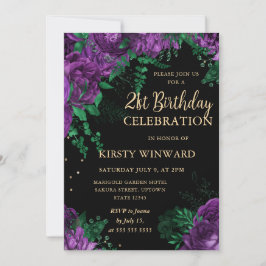 パープルローズボーダー フラワーデザイン 21歳の誕生日 招待状
