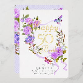 パープルローズリボン 年間誕生日ホイルカード 箔シーズンカード