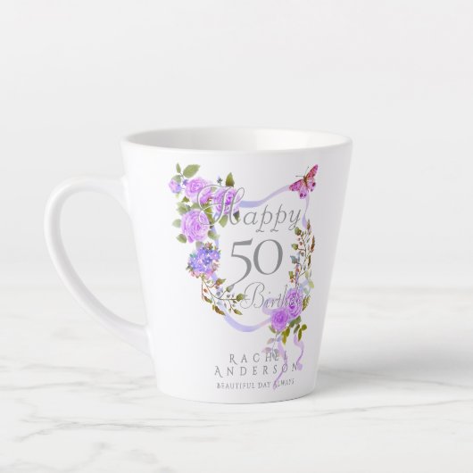 パープルローズリボン 50歳の誕生日 カフェラテマグ (左)