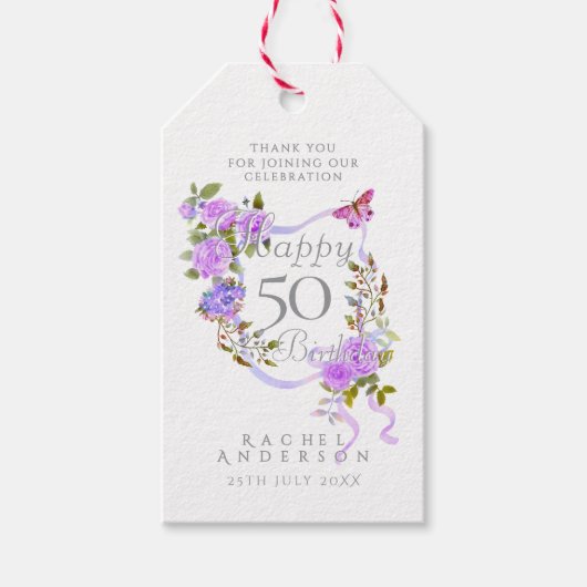 パープルローズリボン 50歳の誕生日 ギフトタグ (正面)