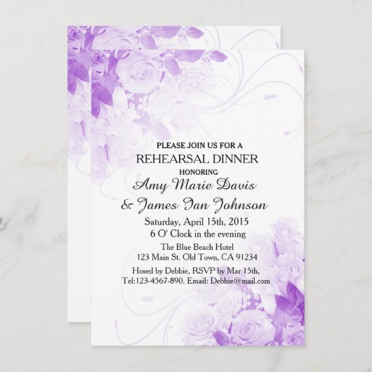 パープルローズ花束稽古ディナー招待状vr4 招待状 (正面/裏面)