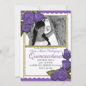 パープルローズ ゴールドグリッター キンセアニエラ 誕生日 招待状 (正面)