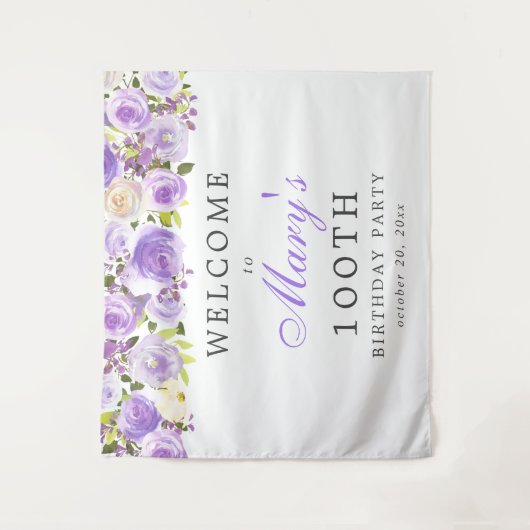 パープルローズ フラワーの100歳の誕生日パーティー タペストリー (正面)