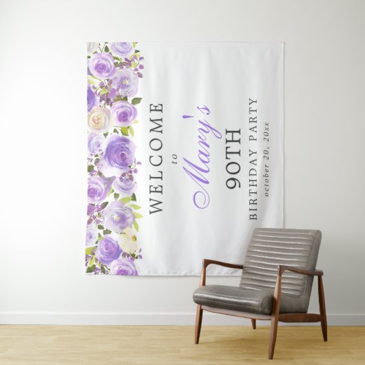 パープルローズ フラワーテーマ 90歳誕生日パーティー タペストリー (インサイチュ)
