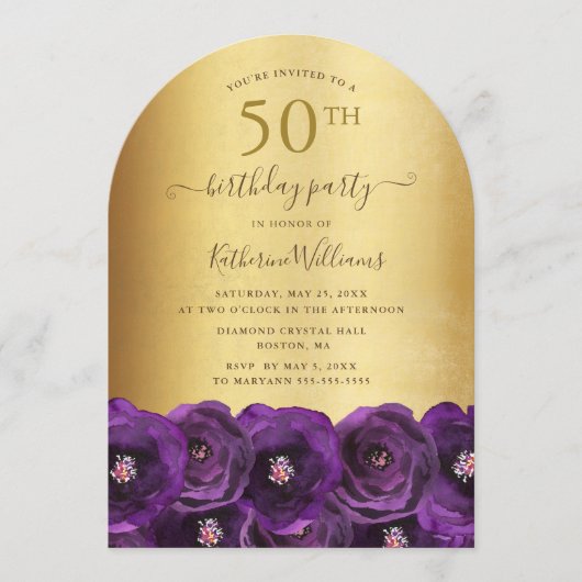 パープルローズ フローラル ゴールド 誕生日パーティー 50歳 招待状 (正面)