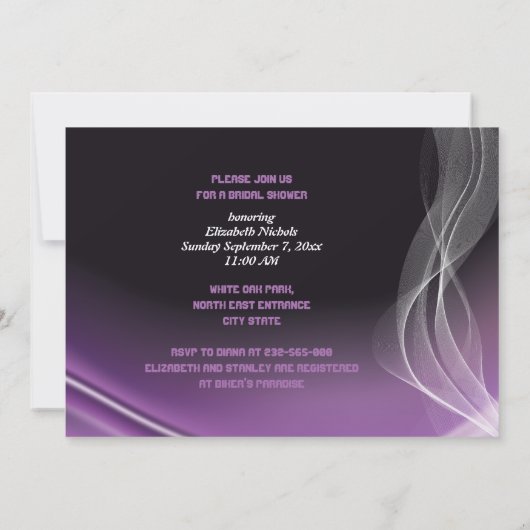 パープルロードバイクもしくは自転車に乗る人結婚のブライダルシャワーへの招待 招待状 (裏面)
