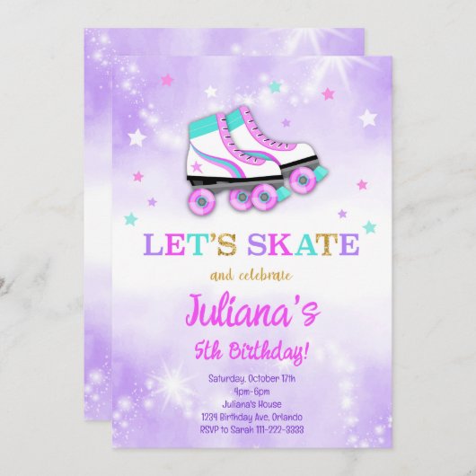 パープルローラスケート誕生日招待状 招待状 (正面/裏面)
