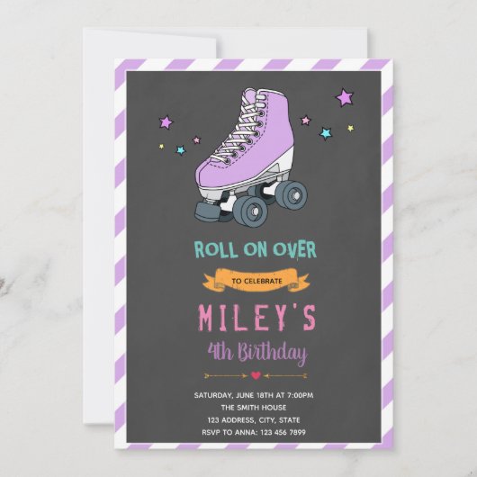 パープルローラースケートパーティーの招待状 招待状 (正面)