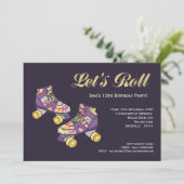 パープルローラースケートローラースケートで滑る誕生パーティー 招待状 (スタンド正面)