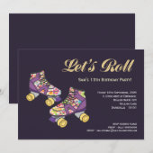 パープルローラースケート ローラースケート バースデーパーティー 招待状 (正面/裏面)