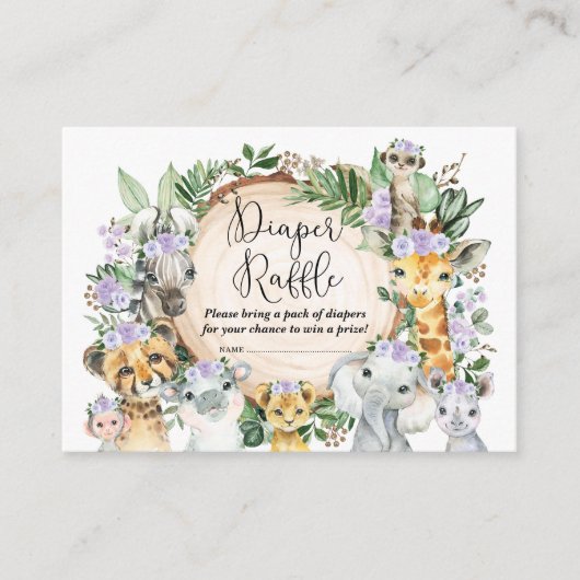 パープルワイルドサファリアニマルズベビーおむつラッフル エンクロージャーカード (正面)