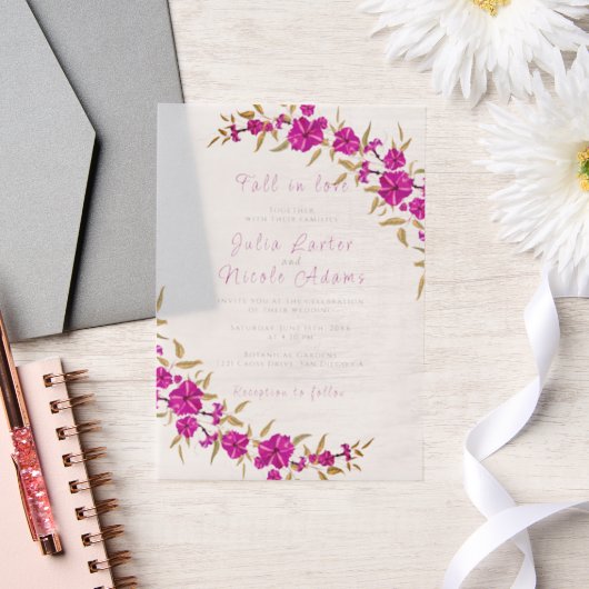 パープルワイルドトランペットつる植物フラワーガーデン結婚ズ ベラム紙招待状 (ウェディング)