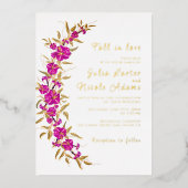 パープルワイルドトランペットつる植物フラワーガーデン結婚ズ 箔招待状 (正面)