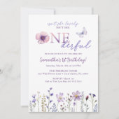 パープルワイルドフラワーオンダーフルファースト誕生日 招待状 (正面)