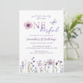 パープルワイルドフラワーオンダーフルファースト誕生日 招待状 (スタンド正面)