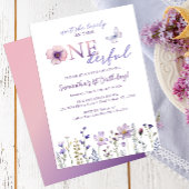パープルワイルドフラワーオンダーフルファースト誕生日 招待状