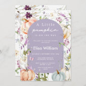 パープルワイルドフラワーカボプキンベビーシャワーガーデンパーティー 招待状 (正面/裏面)
