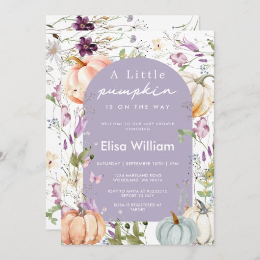 パープルワイルドフラワーカボプキンベビーシャワーガーデンパーティー 招待状 (正面/裏面)