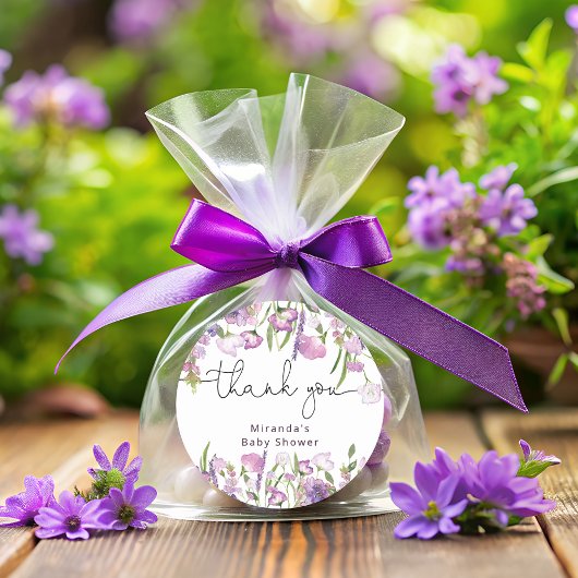 パープルワイルドフラワーサンキュークラシックラウンドステッカー ラウンドシール