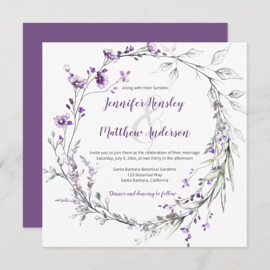 パープルワイルドフラワーズグリーンフローラリース | 招待状 (正面/裏面)