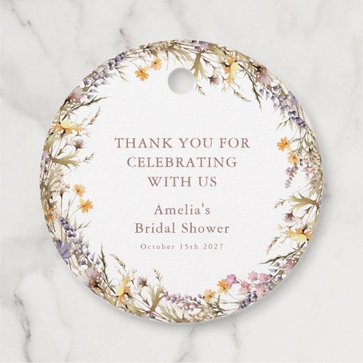 パープルワイルドフラワーズブライダルシャワーカスタムサンキュー フェイバータグ (裏面)