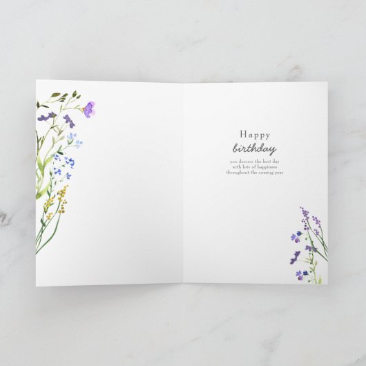 パープルワイルドフラワーデリケートフローラ誕生日 カード (内部)