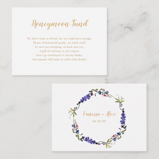 パープルワイルドフラワーハネムーンファンドブライダルシャワー エンクロージャーカード (正面/裏面)