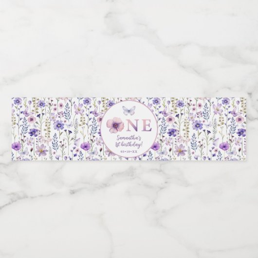 パープルワイルドフラワーファースト誕生日ウォーターボトル ペットボトルラベル (シングルラベル)