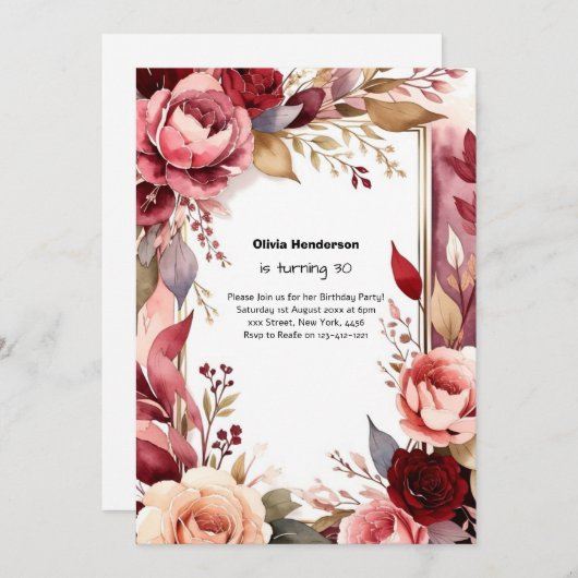 パープルワイルドフラワーフローラ誕生日招待状 招待状 (正面/裏面)