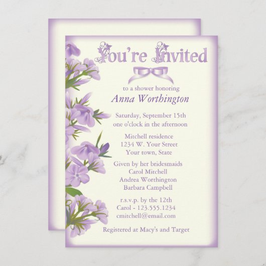 パープルワイルドフラワーブライダルシャワーの招待 招待状 (正面/裏面)