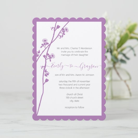 パープルワイルドフラワーブランチ結婚式招待状 招待状 (スタンド正面)