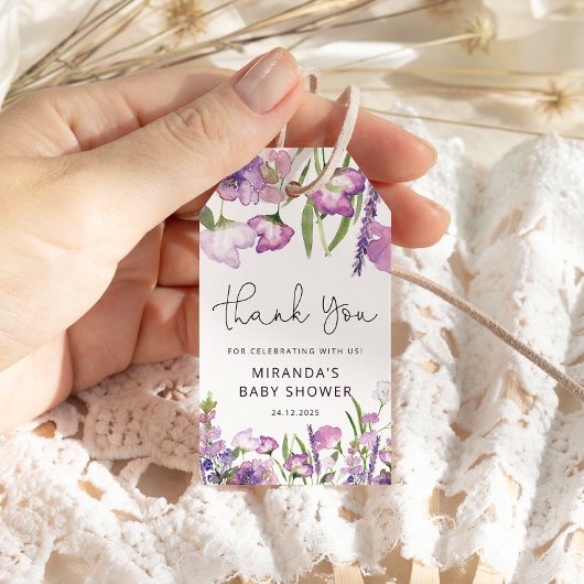 パープルワイルドフラワーベビーシャワーありがとうラベル ギフトタグ