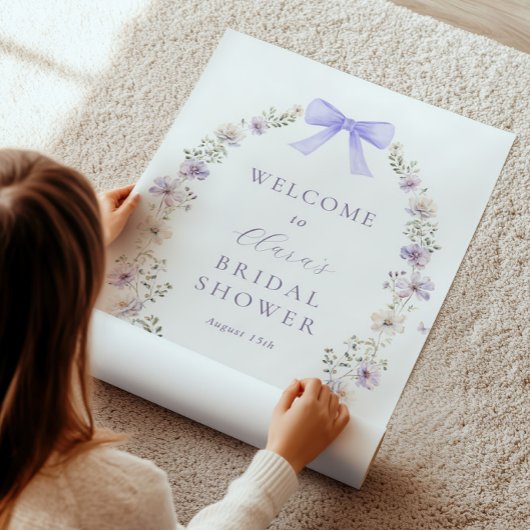 パープルワイルドフラワーボウブライダルシャワーウェルカムサイン ポスター