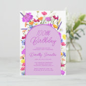 パープルワイルドフラワーボホアーチバースデーパーティー100th 招待状 (スタンド正面)