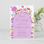 パープルワイルドフラワーボホアーチバースデーパーティー100th 招待状 (スタンド正面)