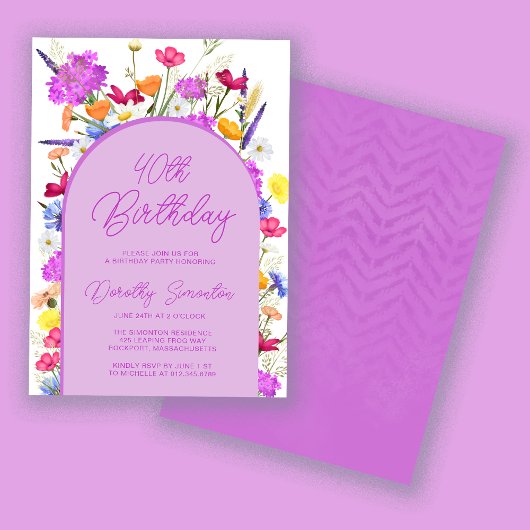 パープルワイルドフラワーボホ40歳の誕生日パーティー 招待状