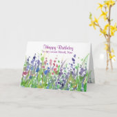 パープルワイルドフラワーメドウハッピーバースデーフレンド カード (黄色い花)