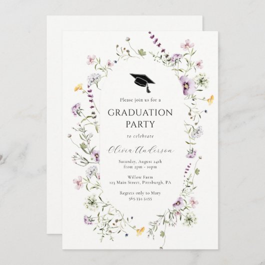 パープルワイルドフラワー卒業パーティー招待状 招待状 (正面/裏面)