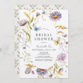 パープルワイルドフラワー&バタフライブライダルシャワー 招待状 (正面/裏面)