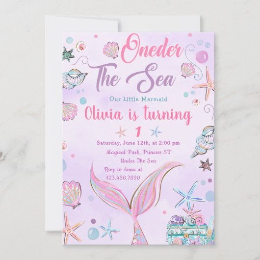 パープルワンダーザシーマーメイド誕生日招待状 招待状 (正面)
