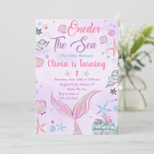 パープルワンダーザシーマーメイド誕生日招待状 招待状 (スタンド正面)